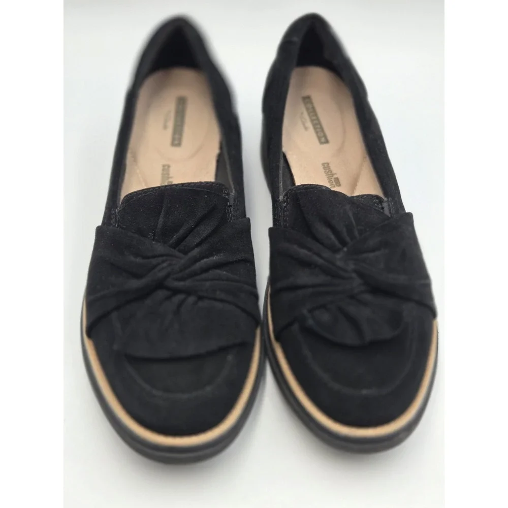 Clarks Sharon Dasher Wms 7 Black Suede Wedge Heel Slip On Shoes Classic Cushion